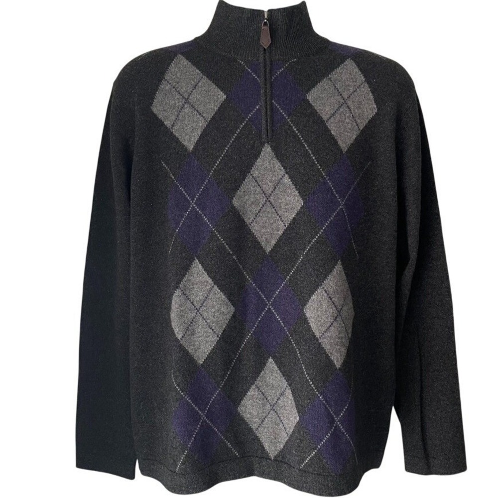 100% Cashmere Argyle Mock Neck 1/4 Zip Sweater Mens L Gray Purple